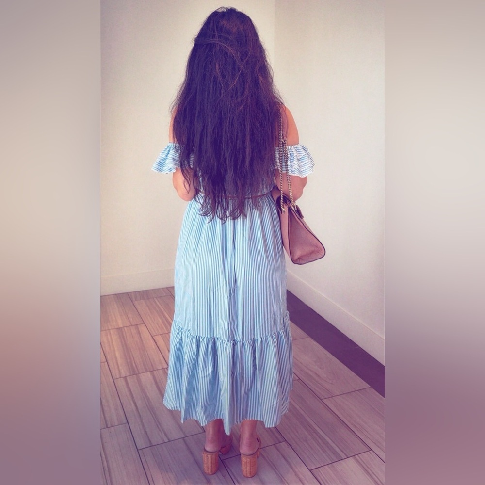 Blue and White Striped Off-Shoulder Flowey Maxi Dress Tunic Size Small - Picture 6 of 12